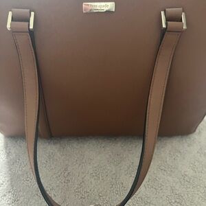 kate spade tan brown leather tote with gold-tone logo